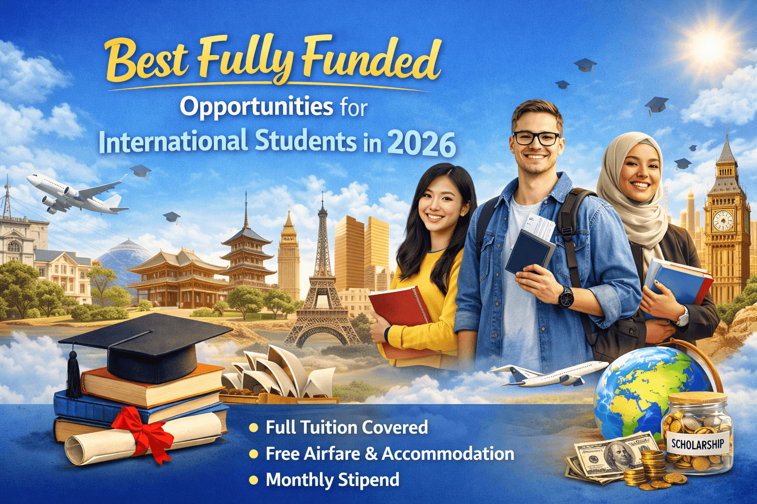Smiling international students with books and graduation caps promoting fully funded scholarships and study abroad opportunities in 2026