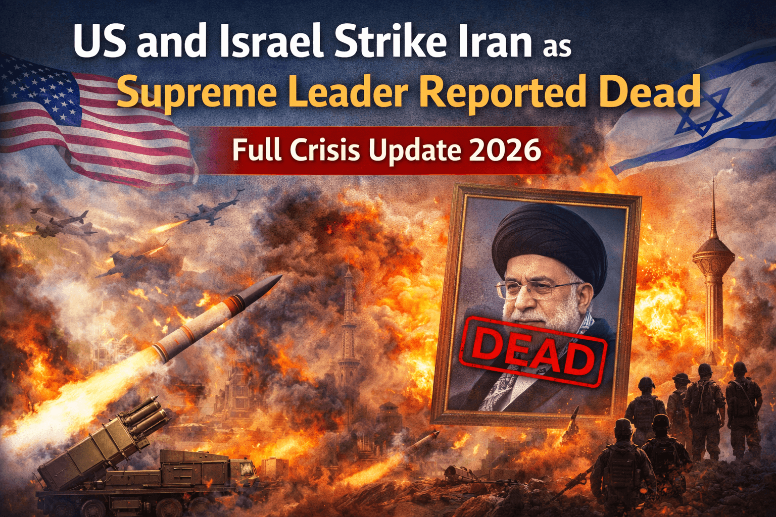 Smoke rising over Tehran skyline after US and Israel military strikes on Iran with flags and map icons representing international conflict in 2026