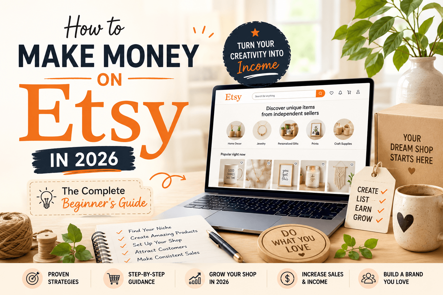 A modern Etsy-themed blog feature graphic showing a laptop with an online Etsy shop, creative workspace items, and bold text about making money on Etsy in 2026 for beginners.