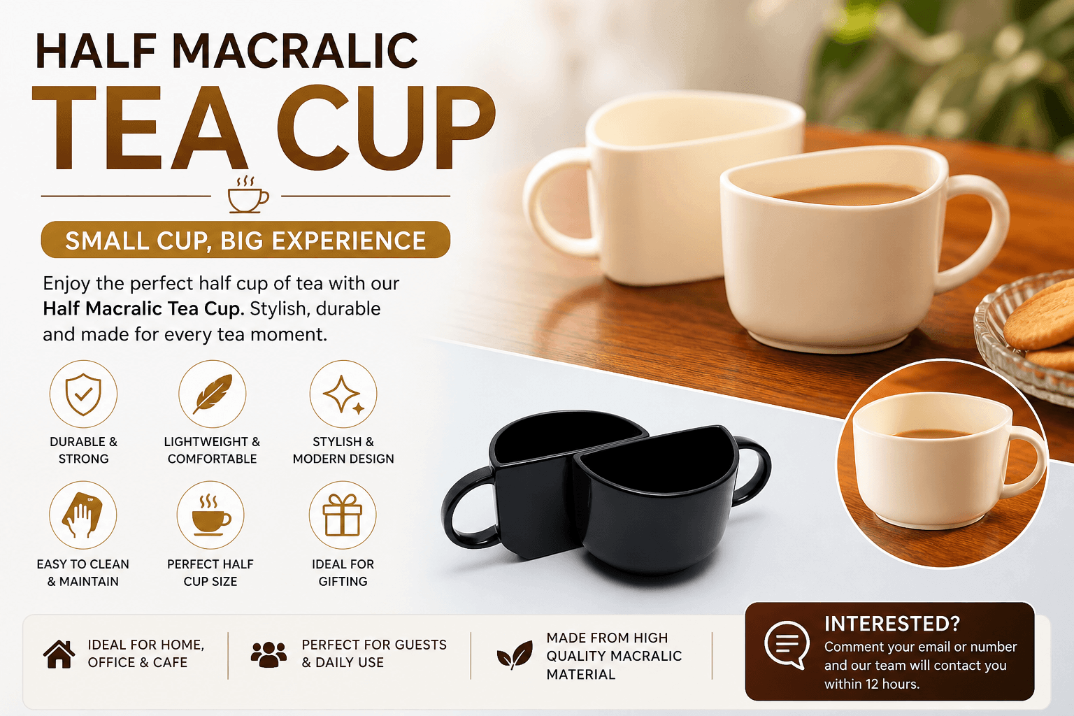 Half macralic tea cup set with modern half cup tea design placed on table for daily use