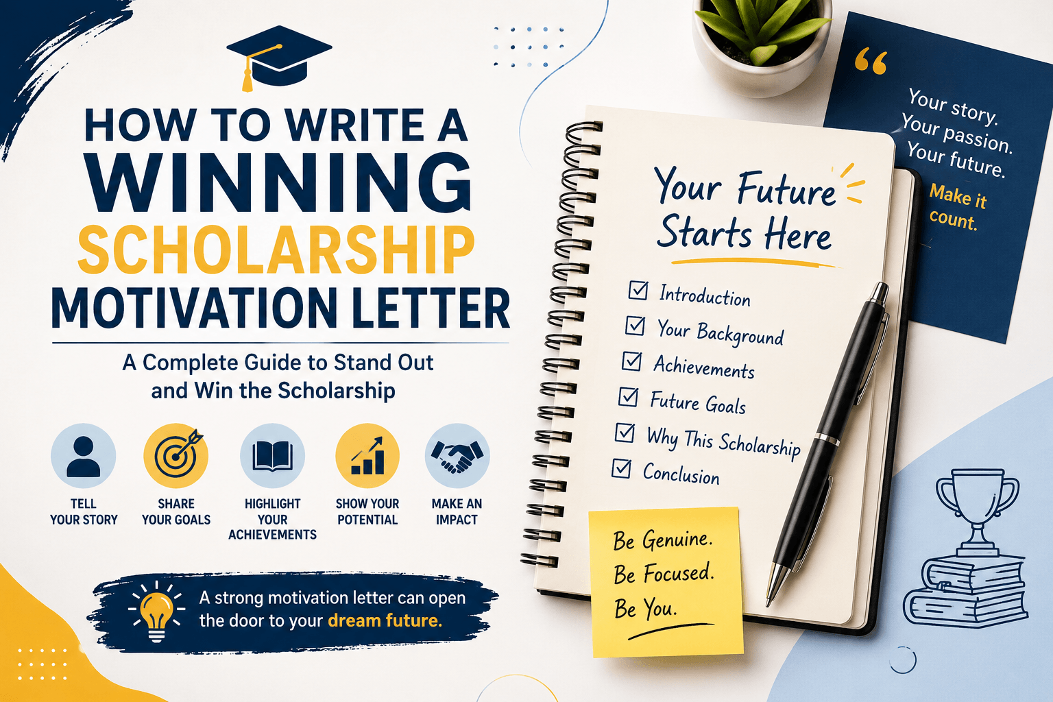 Professional feature graphic for a scholarship motivation letter guide featuring a notebook, pen, graduation cap, and educational icons with the title “How to Write a Winning Scholarship Motivation Letter.”